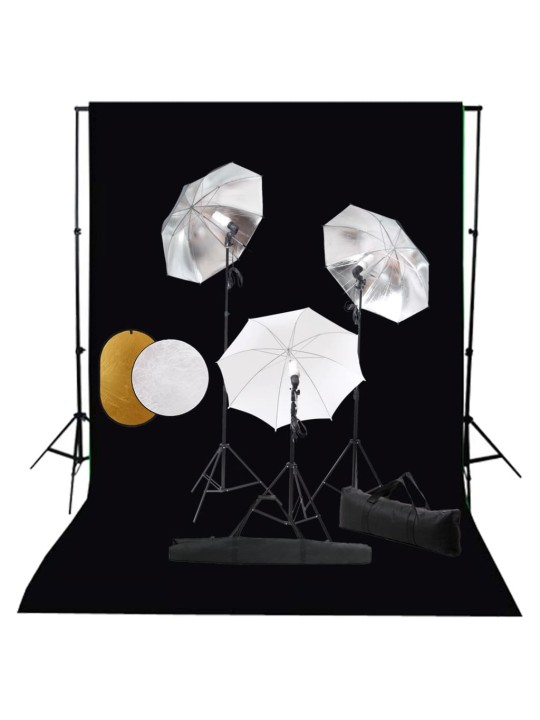 Fotostudijas komplekts – lampas, lietussargi, fons, reflektori