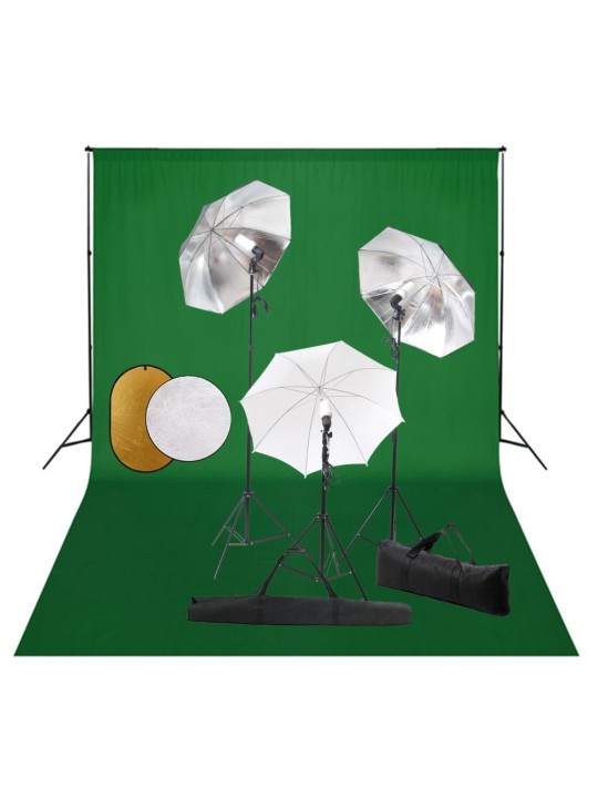 Fotostudijas komplekts – lampas, lietussargi, fons, reflektori