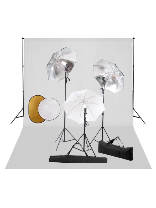 Fotostudijas komplekts – lampas, lietussargi, fons, reflektori