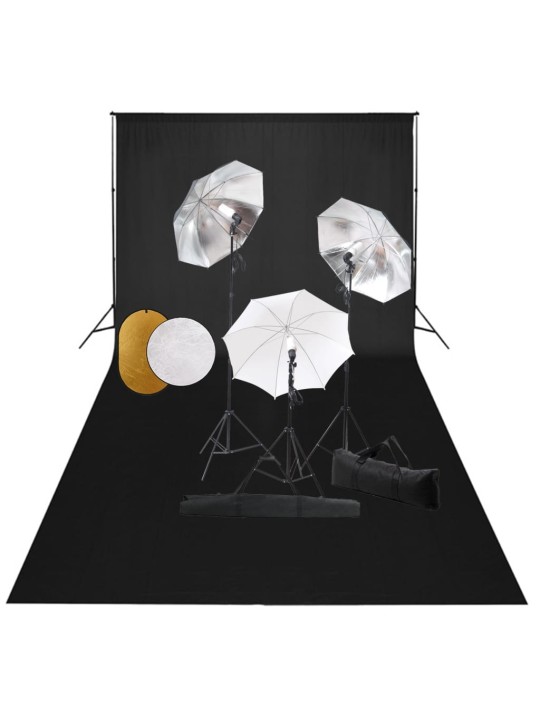 Fotostudijas komplekts – lampas, lietussargi, fons, reflektori
