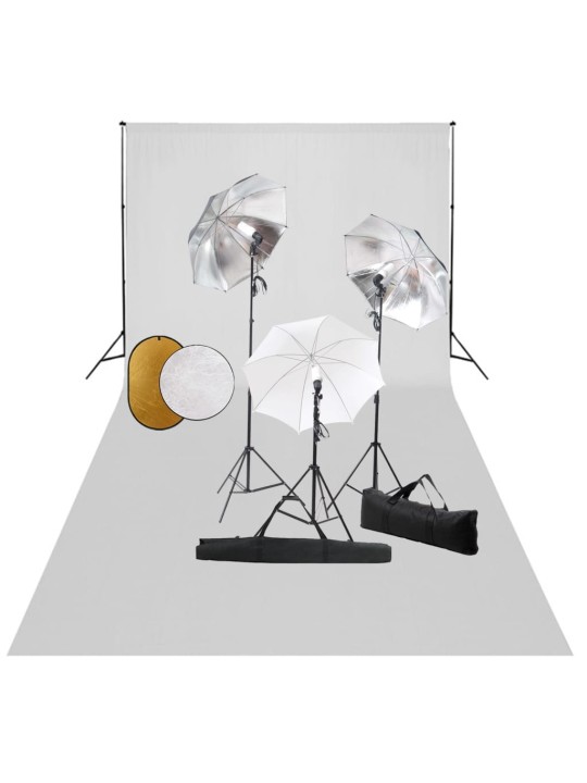Fotostudijas komplekts – lampas, lietussargi, fons, reflektori