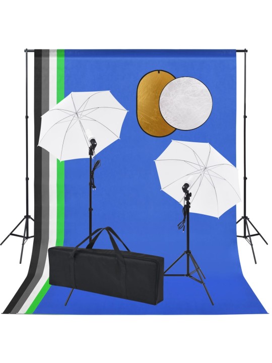 Fotostudijas komplekts – lampas, lietussargi, foni, reflektori