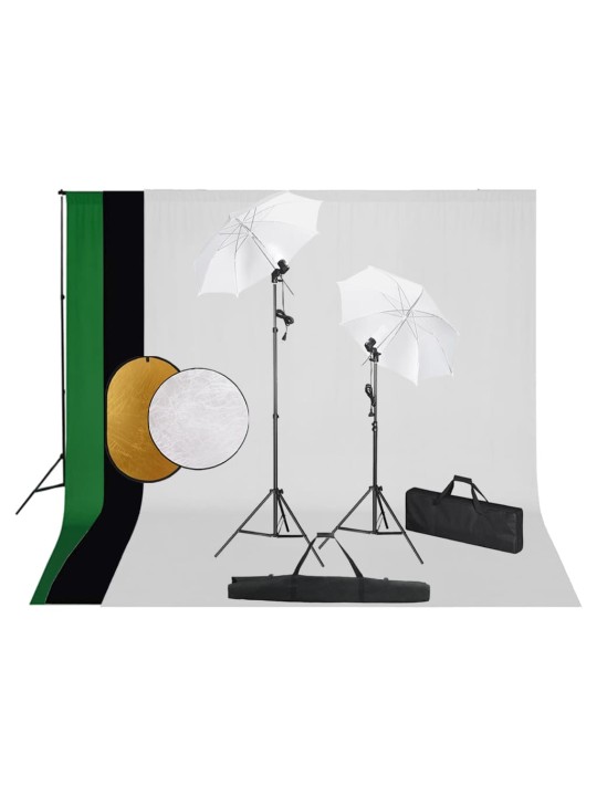 Fotostudijas komplekts – lampas, lietussargi, fons, reflektori