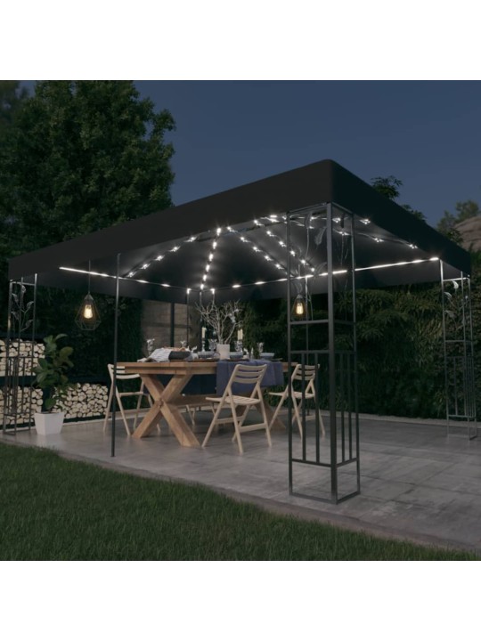 Dārza nojume ar dubulto jumtu un led lampiņām, 3x4 m, pelēka