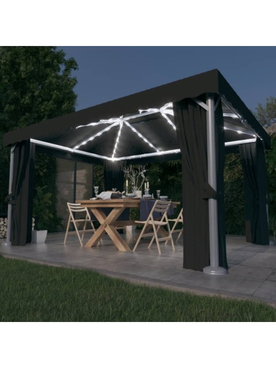 Dārza nojume ar aizkariem un led lampiņām, 4x3m, antracītpelēka