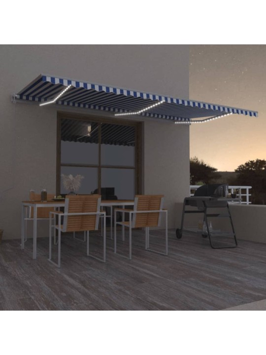 Izvelkama markīze, led, vēja sensors, zili balta, 600x350 cm