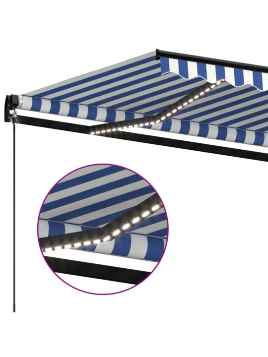 Izvelkama markīze ar led, zila un balta, 600x300 cm, manuāla