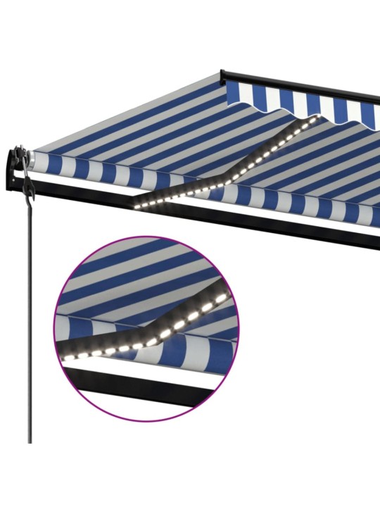Markīze ar led un vēja sensoru, 500x350 cm, zila un balta