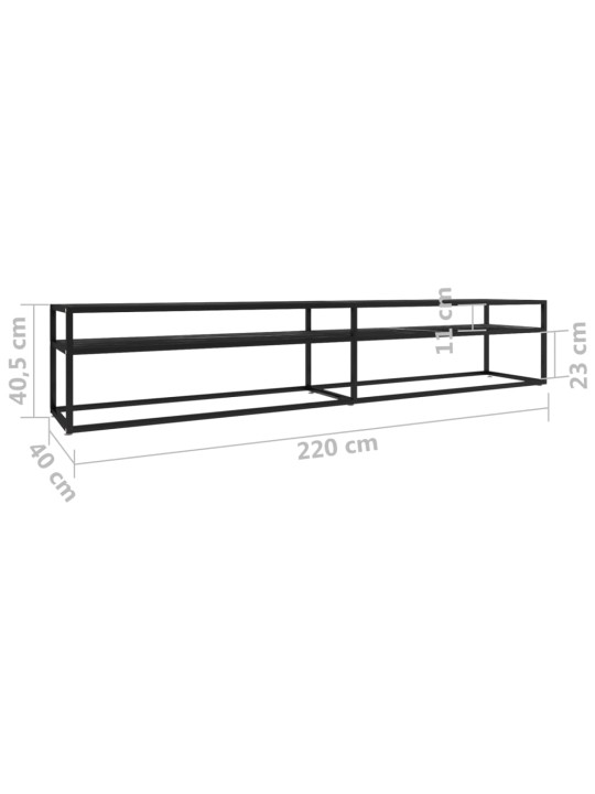 Tv plaukts, 220x40x40,5 cm, rūdīts stikls, melns marmora raksts
