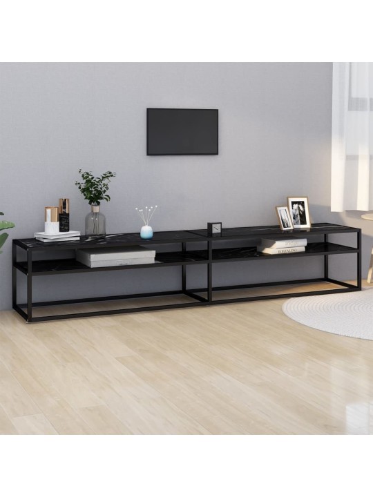 Tv plaukts, 220x40x40,5 cm, rūdīts stikls, melns marmora raksts