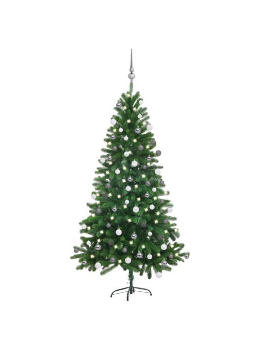 Izgaismota Ziemassvētku egle ar rotājumiem, zaļa, 150 cm