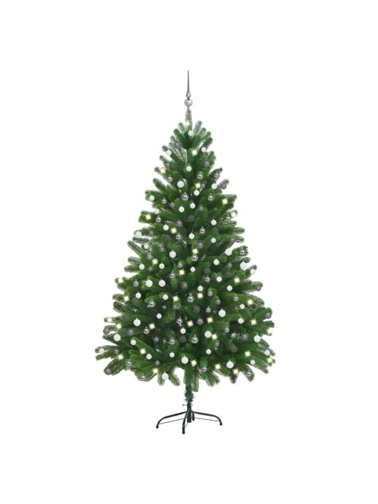 Izgaismota Ziemassvētku egle ar rotājumiem, zaļa, 210 cm