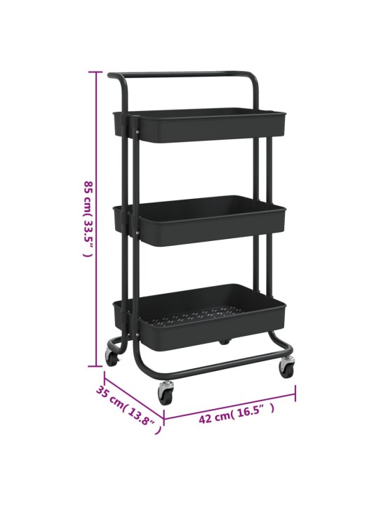 3-līmeņu virtuves ratiņi, melni, 42x35x85 cm, dzelzs, abs