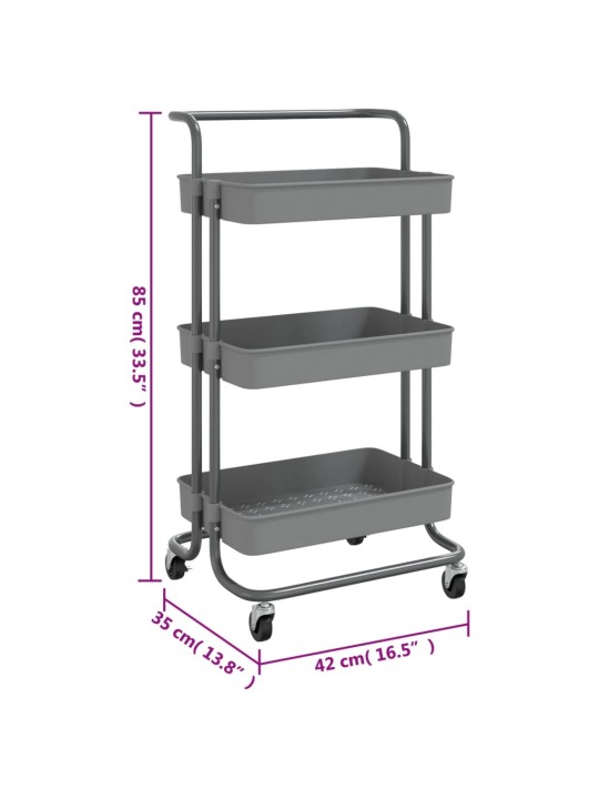 3-līmeņu virtuves ratiņi, pelēki, 42x35x85 cm, dzelzs, abs