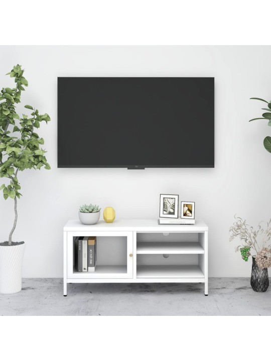 Tv skapītis, balts, 90x30x44 cm, tērauds un stikls