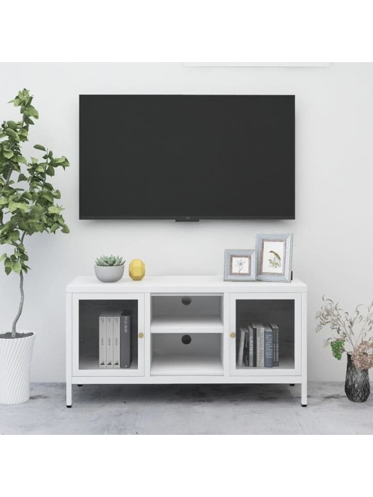 Tv skapītis, balts, 105x35x52 cm, tērauds un stikls