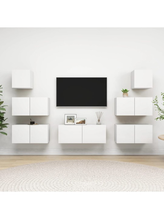 7-daļīgs tv plauktu komplekts, balts, inženierijas koks