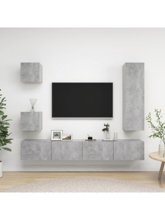 5-daļīgs tv skapīšu komplekts, betona pelēks, inženierijas koks