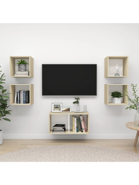5-daļīgs tv plauktu komplekts, balts ozolkoka inženierijas koks