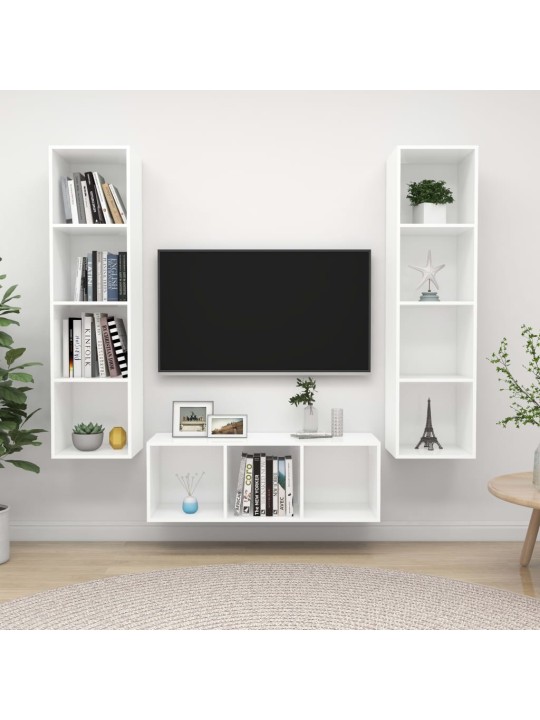 3-daļīgs tv plauktu komplekts, balts, inženierijas koks