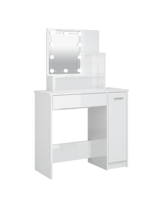 Spoguļgaldiņš ar led, spīdīgi balts, 86,5x35x136 cm