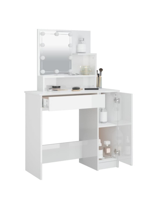 Spoguļgaldiņš ar led, spīdīgi balts, 86,5x35x136 cm