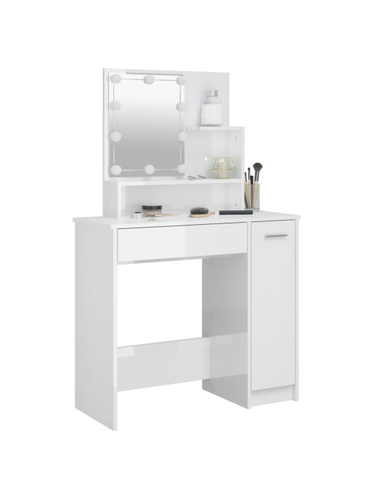 Spoguļgaldiņš ar led, spīdīgi balts, 86,5x35x136 cm