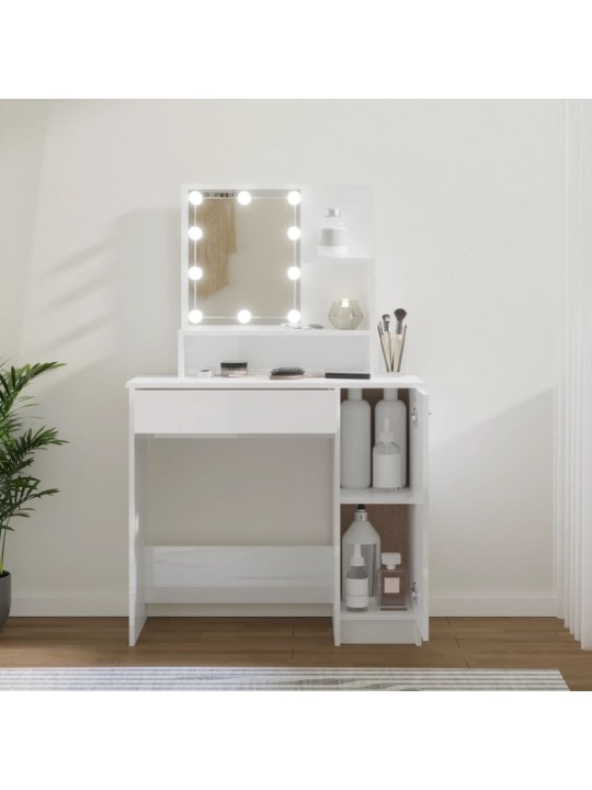 Spoguļgaldiņš ar led, spīdīgi balts, 86,5x35x136 cm