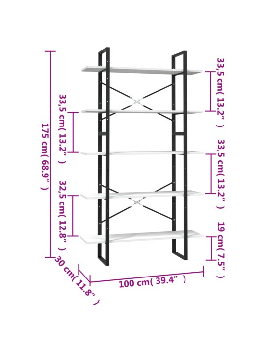 5-līmeņu grāmatu plaukts, 100x30x175 cm, priedes koks, balts