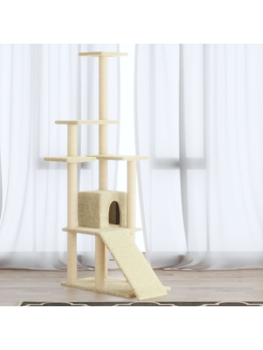 Kaķu māja ar sizala stabiem nagu asināšanai, 155 cm, krēmkrāsas