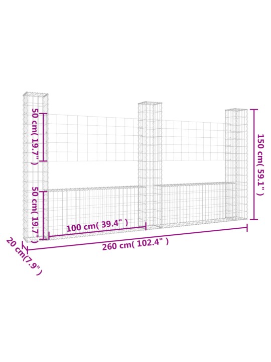 Gabionu siena ar 3 stabiem, u-forma, dzelzs, 260x20x150 cm