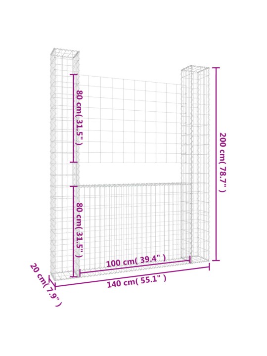 Gabionu siena ar 2 stabiem, u-forma, dzelzs, 140x20x200 cm