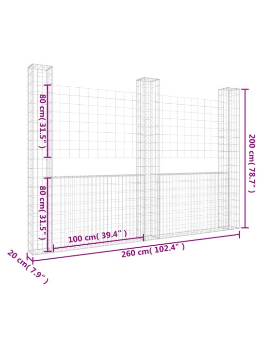Gabionu siena ar 3 stabiem, u-forma, dzelzs, 260x20x200 cm