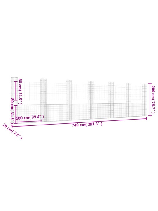 Gabionu siena ar 7 stabiem, u-forma, dzelzs, 740x20x200 cm