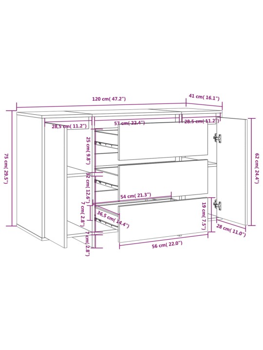 Kumode ar 3 atvilktnēm, ozolkoka, 120x41x75cm inženierijas koks