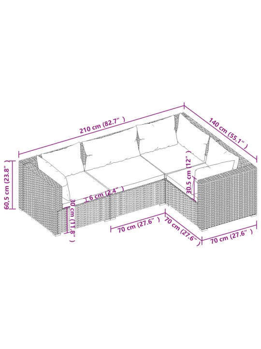 4-daļīgs dārza atpūtas mēbeļu komplekts ar matračiem, PE, brūns