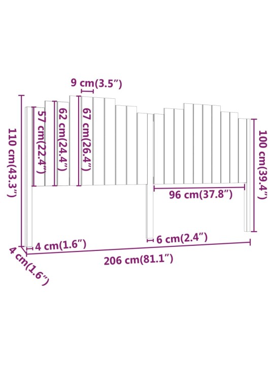 Gultas galvgalis, melns, 206x4x110 cm, priedes masīvkoks