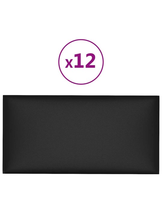 Sienas paneļi, 12 gab., melni, 30x15 cm, mākslīgā āda, 0,54 m²