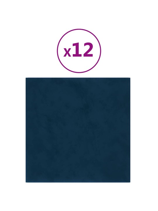 Sienas paneļi, 12 gab., zili, 30x30 cm, samts, 1,08 m²