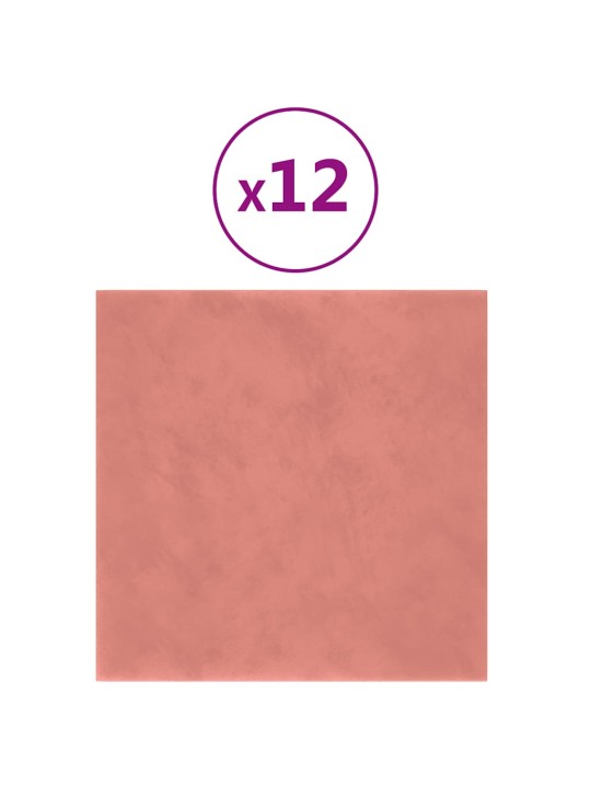 Sienas paneļi, 12 gab., rozā, 30x30 cm, samts, 1,08 m²