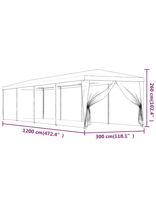 Svinību telts ar 10 sieta sienām, 3x12 m, zaļa, hdpe