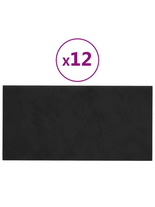 Sienas paneļi, 12 gab., melni, 60x30 cm, samts, 2,16 m²