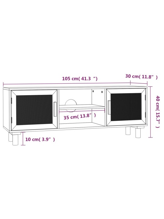 Tv skapītis, 105x30x40 cm, priede, dabīga rotangpalma, melns
