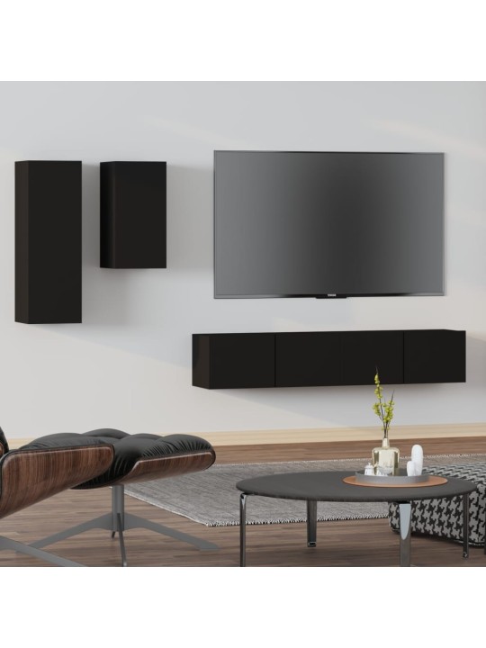 4-daļīgs tv skapīšu komplekts, melns, inženierijas koks