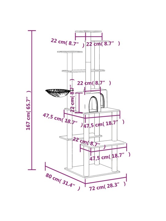 Kaķu māja ar sizala stabiem nagu asināšanai, 167 cm, pelēka