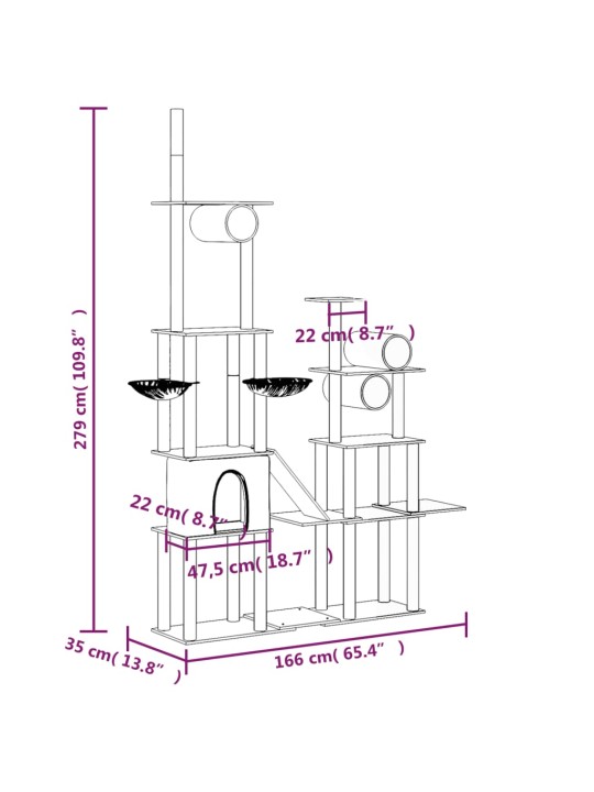 Kaķu māja ar sizala stabiem nagu asināšanai, 279 cm, pelēka
