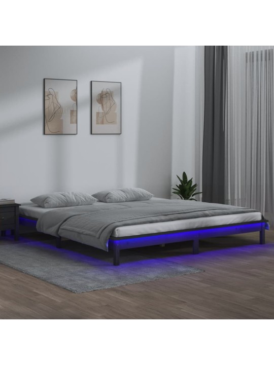 Gultas rāmis ar LED, pelēks, 200x200 cm, masīvkoks