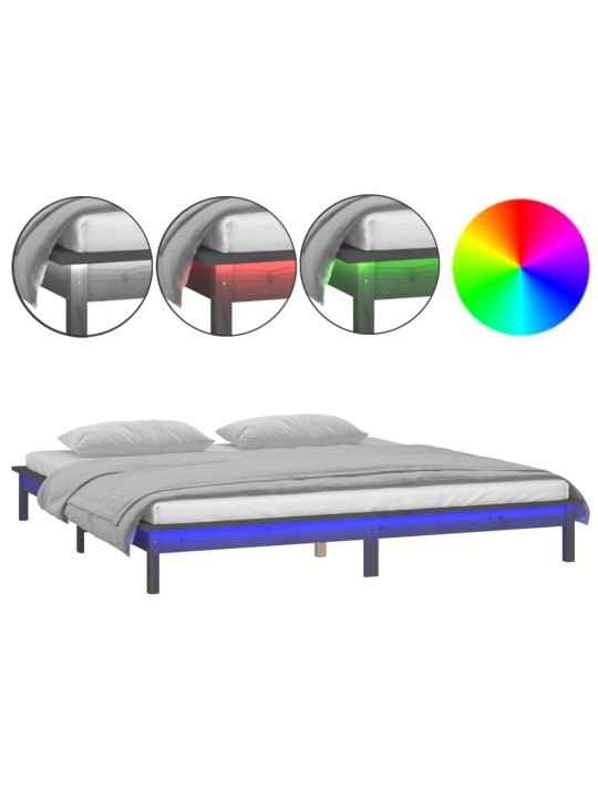 Gultas rāmis ar LED, pelēks, 135x190 cm, divvietīgs, masīvkoks