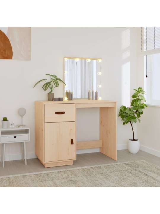 Spoguļgaldiņš ar LED, balts, 95x50x133,5 cm, priedes masīvkoks