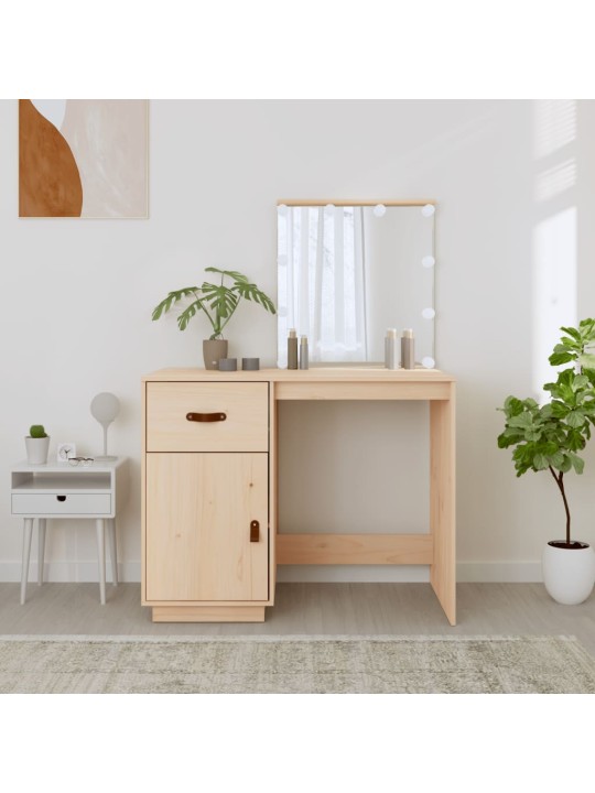 Spoguļgaldiņš ar LED, balts, 95x50x133,5 cm, priedes masīvkoks
